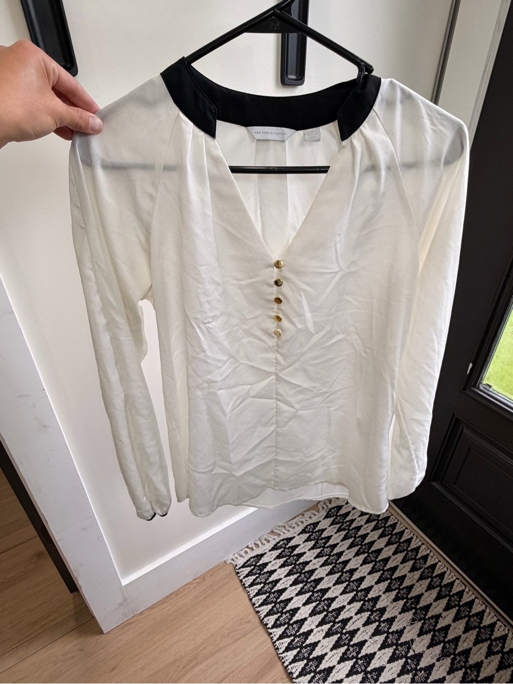 White and Black Contrast V-Neck Blouse with Gold Buttons
